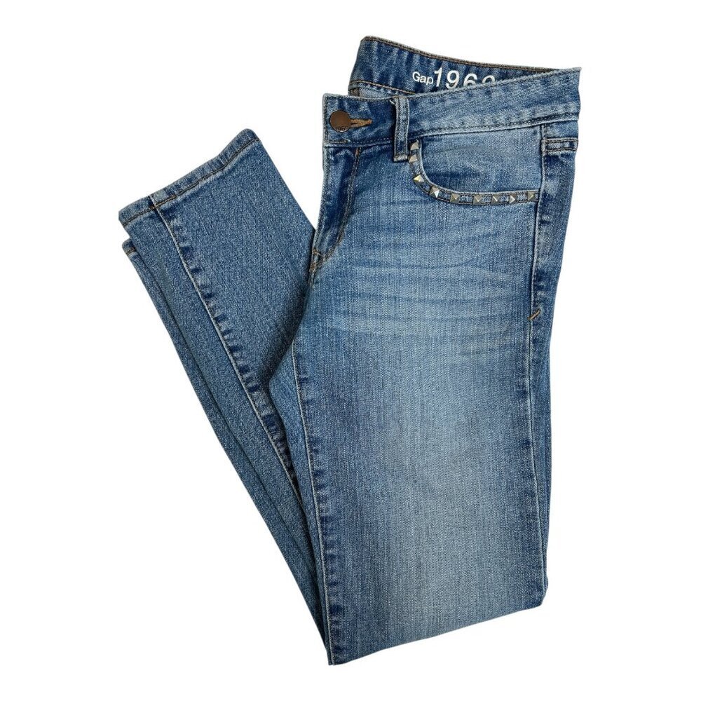Gap 1969 Always Skinny Women's Silver Studded Pocket Blue Jean's Size 27x~28